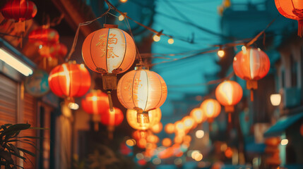 Obraz na płótnie Canvas A vibrant Chinatown with hanging lanterns