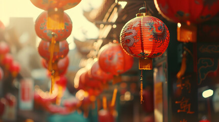Fototapeta premium A vibrant Chinatown with hanging lanterns