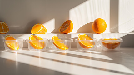 a white kitchen with some containers of orange slices on the counter, in the style of windows vista