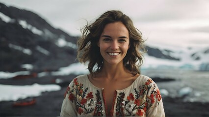 a cute woman smiling at the camera, wearing a stunning embroidered dress in Antarctica, cinematic, film grain