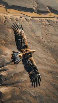 An eagle flying on top of Mongolia steppes, aerial view