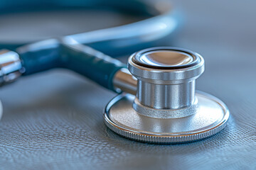 Macro photograph of a stethoscope lying on a doctor's desk, capturing the texture of the rubber and the cold, metallic finish of the diaphragm