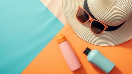 A flat lay image of Summer travel essentials with a straw hat, sunglasses, and sunscreen bottles...