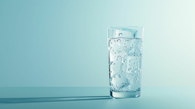 A refreshing glass of water filled with ice cubes, bubbles, and a cool blue backdrop suggesting hydration and freshness.
