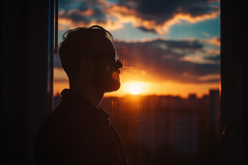 Fototapeta premium silhouetted man in front of window at sunset