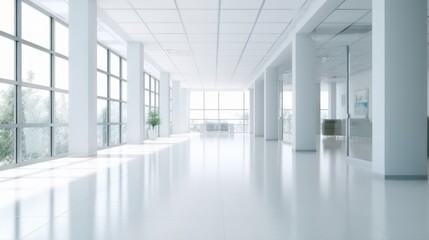 White blur office building, healthcare clinic, hospital or school background interior view looking out toward to empty lobby