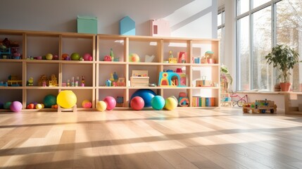 Childrens playroom with a wooden floor - obrazy, fototapety, plakaty
