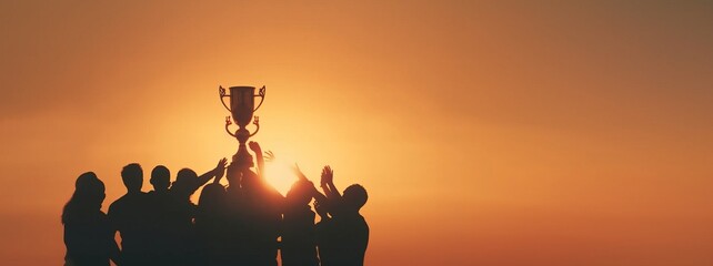 Winning team is holding trophy in hands. Silhouettes of many hands in sunset
