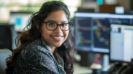 A portrait of an ethnic female working in the office in cybersecurity.