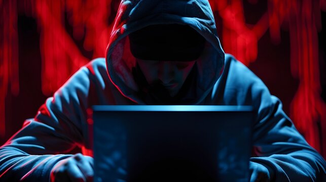 hacker wearing hoodie working on laptop in dark room