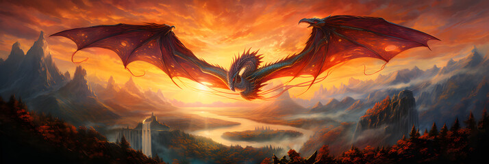 Magnificent Dragon Soaring in Azure Sky: A Sublime Interweaving of Myth and Spectacle - obrazy, fototapety, plakaty