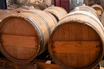 Wine cellar with wooden barrels in old wine domain on Sauternes vineyards in Barsac village...