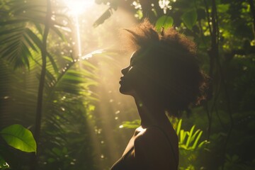 A woman standing tall amidst a lush forest, sunlight filtering through the leaves - Powered by Adobe