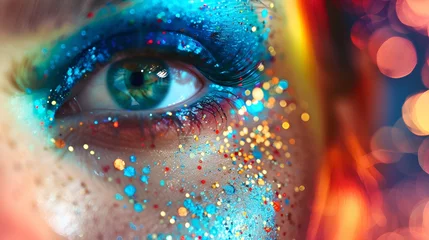 Schilderijen op glas A close-up of a beautiful blue woman's eye  with colorful glistening makeup © Rando