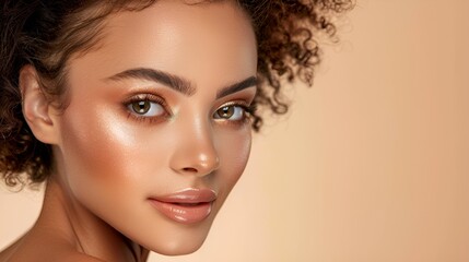 Naklejka premium A portrait of a young beautiful ethnic female model, isolated on a beige background. Beauty and cosmetics concept.