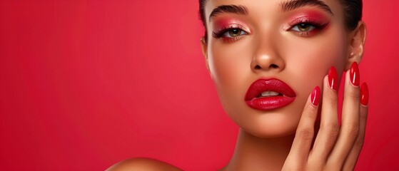 A portrait of a female model with makeup, red lips, and red fingernails, red background. Manicure, cosmetics, makeup concept. - obrazy, fototapety, plakaty