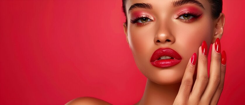 A portrait of a female model with makeup, red lips, and red fingernails, red background. Manicure, cosmetics, makeup concept.