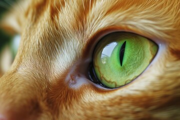 Close-up of a ginger cat with bright green eyes, looking directly at the camera - Powered by Adobe