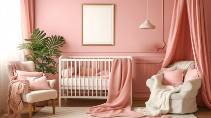 Elegant nursery with pastel pink decor, soft textures, and a comforting armchair. Generative AI