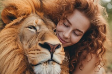 Close-up of a woman and lion with a majestic mane - Powered by Adobe