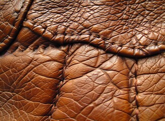 Close-up of rich, brown leather texture with detailed grain and wrinkles.