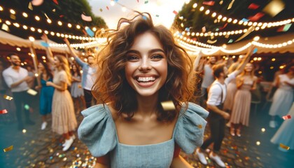 A wide-angle photography of a joyful young woman