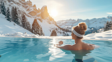 A woman is enjoying a hot bath in a pool with a mountainous winter landscape in the background, steam rising around her. Ai generative - obrazy, fototapety, plakaty