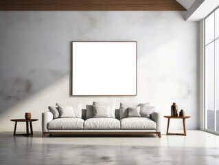 A modern interior with a white couch, a side table with a cup, a decorative bottle and a large framed canvas on the wall. Ai generative