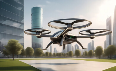Futuristic VTOL quadcopter lands on the helipad in a city square. New mobility zero emission concept