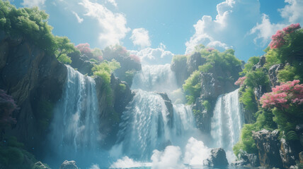 Beautiful waterfalls cascade down rocky cliffs and clouds float into the air,generative ai - obrazy, fototapety, plakaty