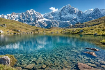 Serene Alpine Lake With Crystal Clear Waters in Front of Snow-Capped Mountains During Daytime