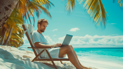A man working on a laptop while sitting in a beach chair by the ocean, signifying a remote, nomadic lifestyle.  Ai generative