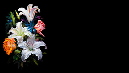 Obraz premium Black wallpaper or banner with a beautiful lily flower arrangement on the left side and a generous amount of space on right side for icons or text.