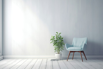 A White Room With a Chair and a Potted Plant