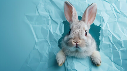 cute Easter bunny looks out of a hole in the pastel blue color background wall. Abstract concept. Square with copy space.