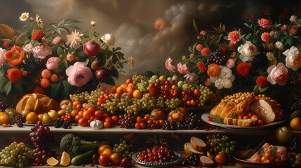 Still life painting featuring fruits and flowers on a table - obrazy, fototapety, plakaty