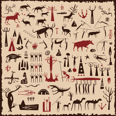 Cave paintings in vector hand drawn set of elements.