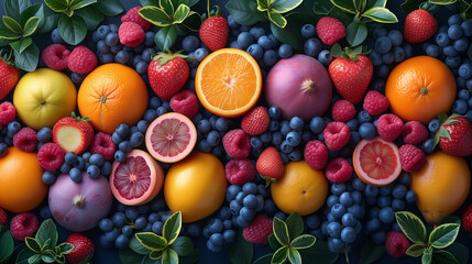 there are many different types of fruits and berries on the table - obrazy, fototapety, plakaty