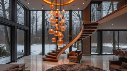 A dramatic staircase is illuminated by a stunning chandelier made of cascading strings of glowing orb lights creating a showstopping entryway that leaves a lasting impression.