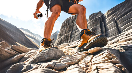 Close Up view of hiker feet walking on the rocks. Mountain panorama in background. Technical shoes