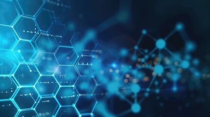 Fototapeta premium Healthcare and WHO physics and chemistry science modern illuminated background with light glowing hexagon blue close up medical technology digital background