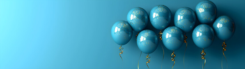 Blue gold foil balloons on a blue background copy space