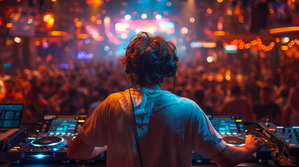 Fototapeta premium a dj view from the back playing on the decks,generative ai