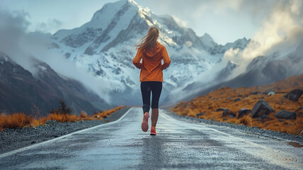 a girl in sportswear runs along a long road among the mountains,generative ai - obrazy, fototapety, plakaty