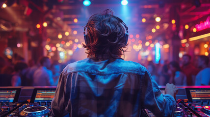 Fototapeta premium a dj view from the back playing on the decks,generative ai