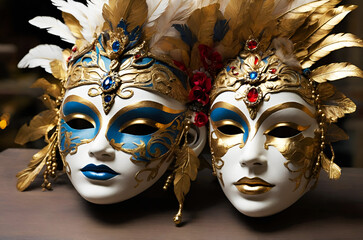Venetian carnival masks with feathers and gold ornaments