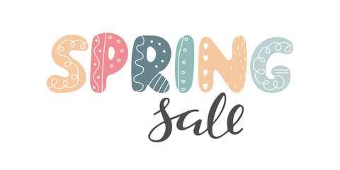 Spring Sale handwritten Lettering text Isolated on white. Scandinavian style Decorative colorful letters. Hand drawn Label. Design element for poster, banner, store advertisement. Seasonal discount