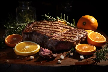 a steak and oranges on a wooden board - obrazy, fototapety, plakaty