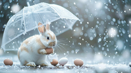 happy easter , easter rabbit holding clear umbrella in snow, easter portrait, banner or poster or card