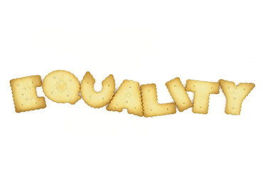 Capital letter shaped biscuits forming word EQUALITY isolated on white background